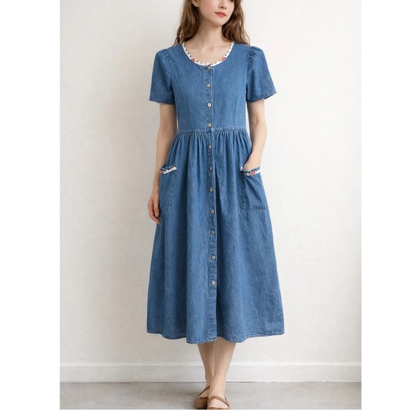 My Michelle Dresses & Skirts - SOLDMy Michelle Vintage Blue Denim Modest Prairie Midi Button Down Dress Floral